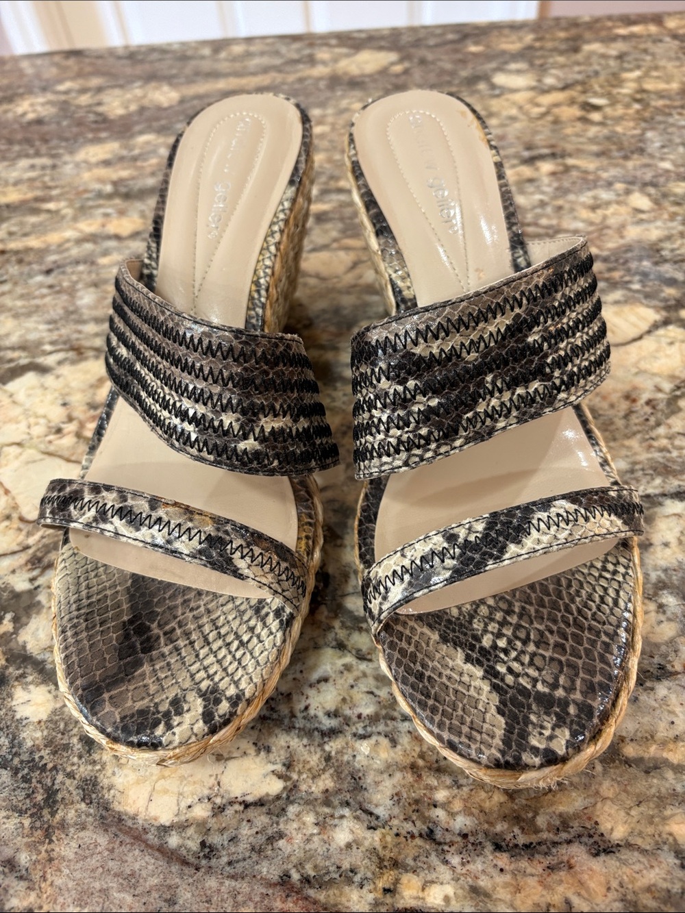 Andrew Geller Wedge Slide Sandals in Black and Cream - Designer